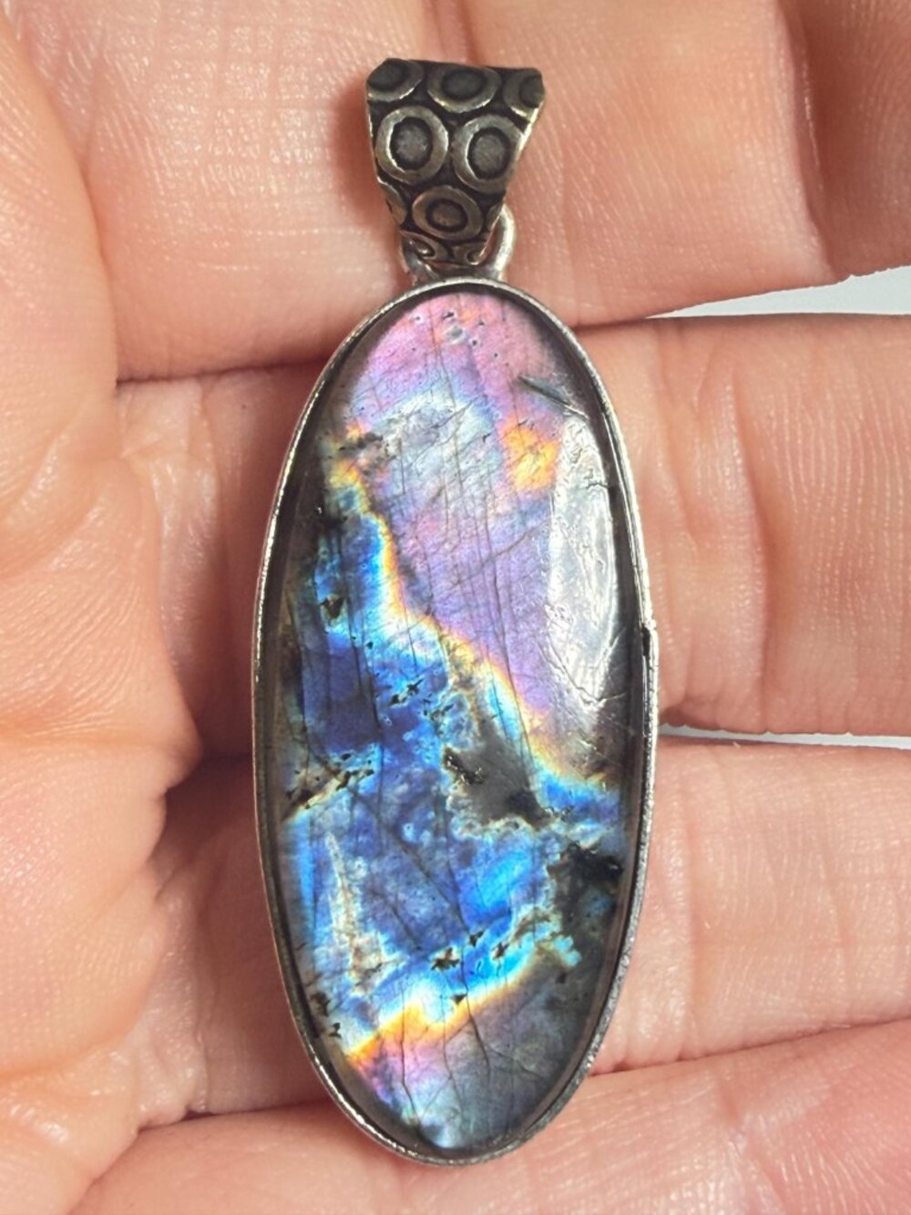 Labradorite Pendant | Blue Purple Flash | Organic Oval | Artisan | 1.5 Inches